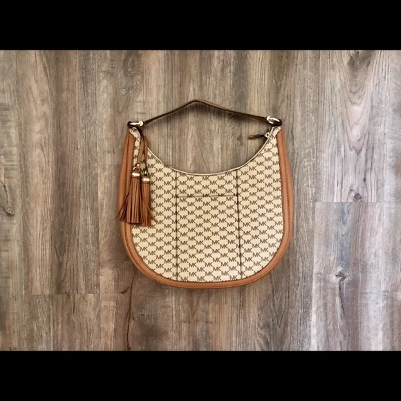 Like New Michael Kors Laryn Tan Coated Canvas Monogrammed Hobo Bag - Picture 2 of 8
